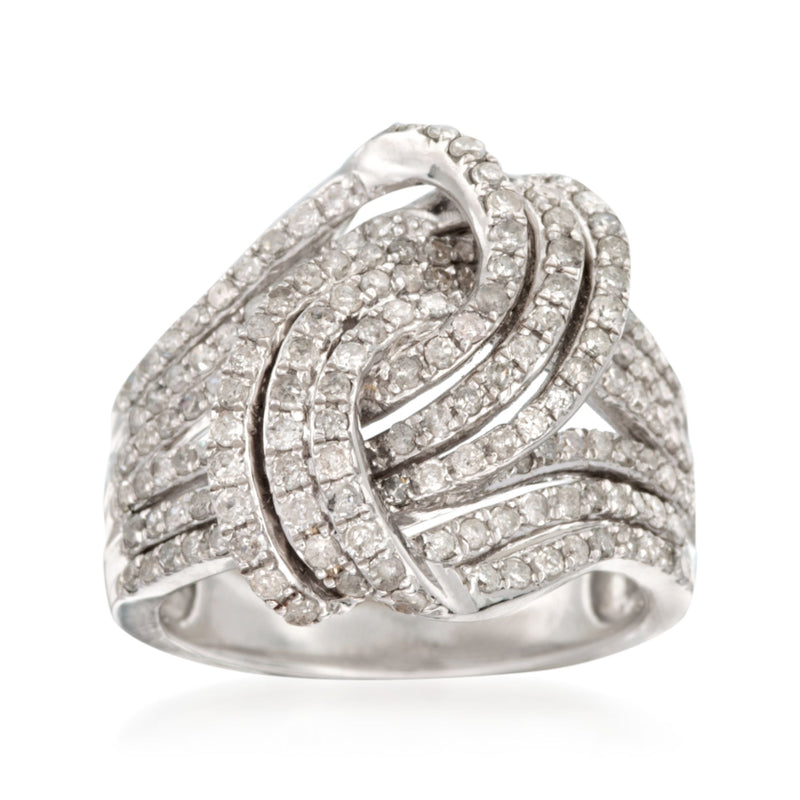 Sterling silver diamond swirl ring with curved bands