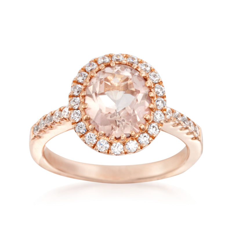 Light pink topaz and CZ ring in rose gold with oval halo setting
