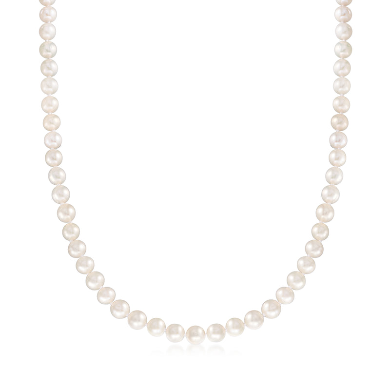 Cultured pearl necklace of round white pearls, evenly spaced along a single strand.