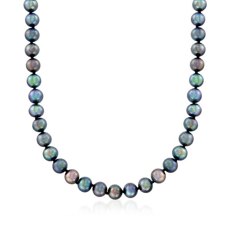 Black cultured pearl necklace with 7–8mm round pearls on a bead strand