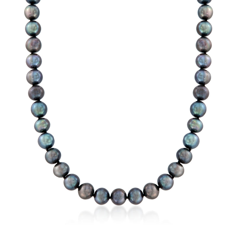 Black cultured pearl necklace with round 8–9mm pearls and lustrous blue-green sheen