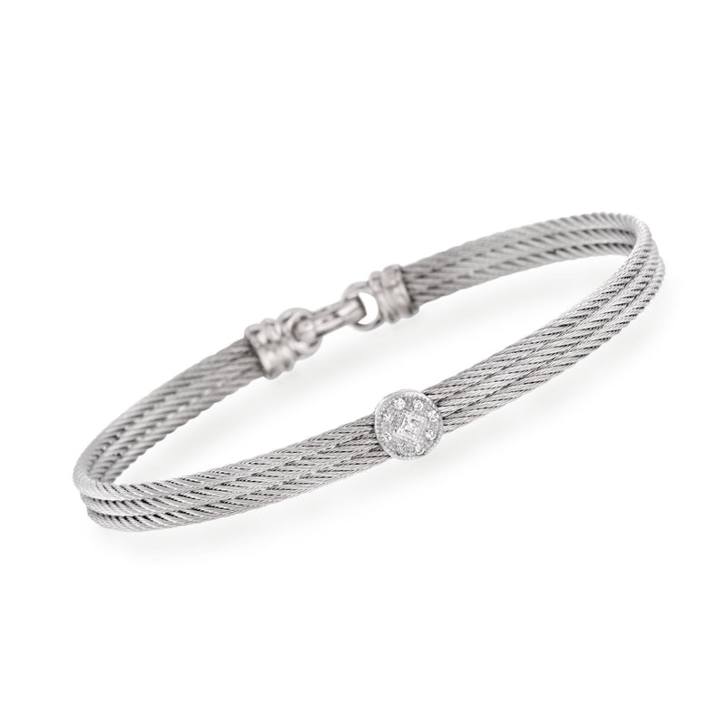 Gray cable station bracelet with diamond-accent oval clasp centerpiece in white gold