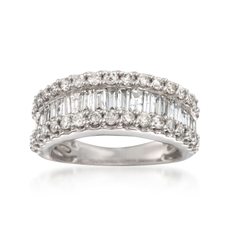 14kt white gold diamond ring with baguette and round stones, full eternity band