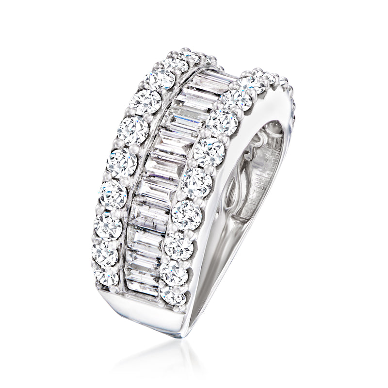 14kt white gold baguette and round diamond ring, side view with bezel bars
