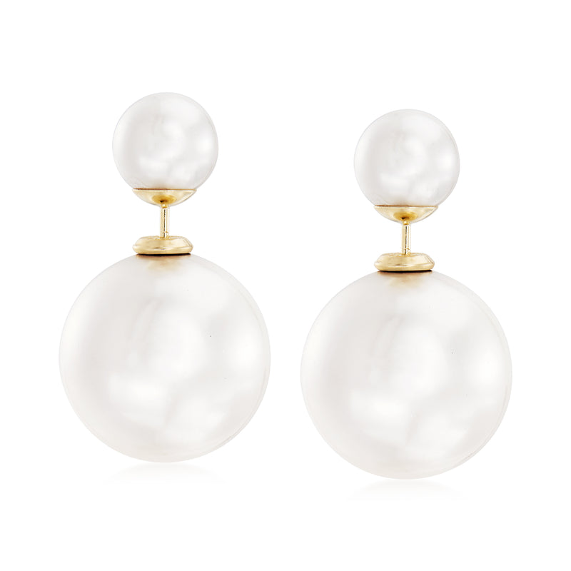 14kt yellow gold post earrings with round white shell pearls, double-drop design