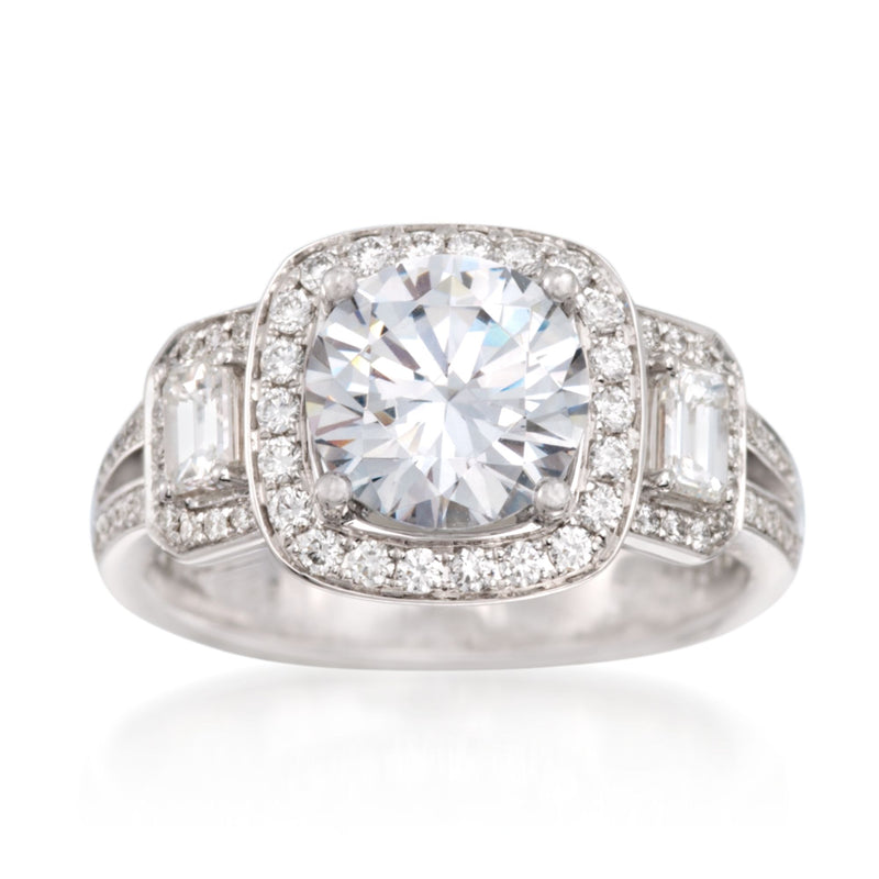 18k white gold diamond engagement ring setting with center cushion halo and side baguettes