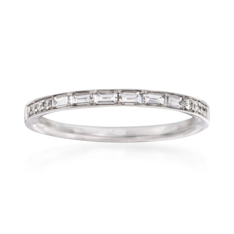 18kt white gold diamond wedding band with baguette and round stones, thin profile
