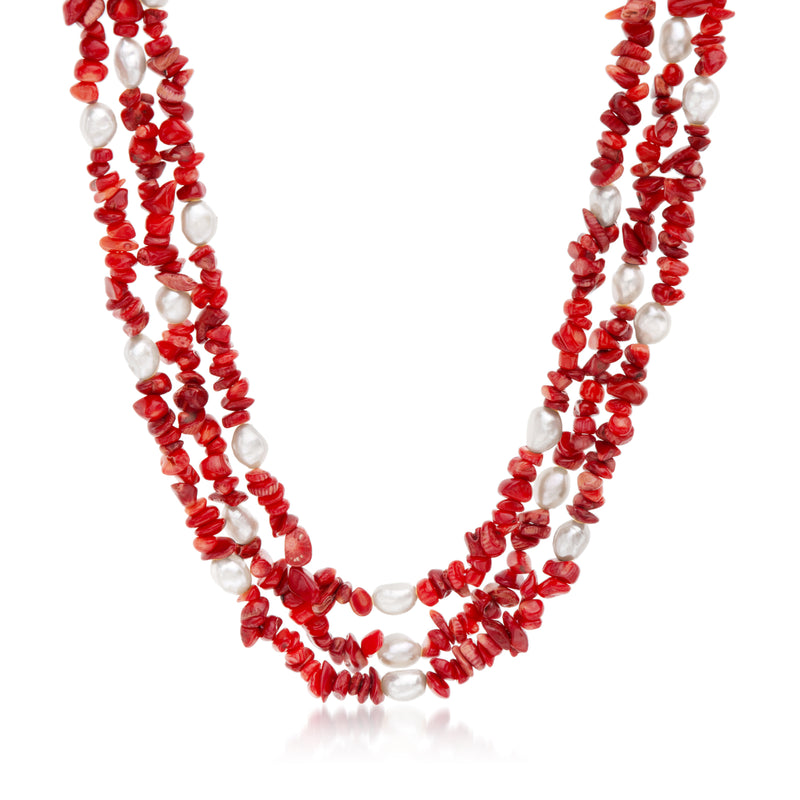 Three-strand red coral bead & cultured pearl necklace with sterling silver accents