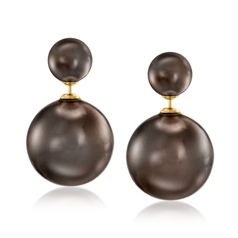 Black shell pearl drop earrings with 14kt yellow gold post, double round pearls