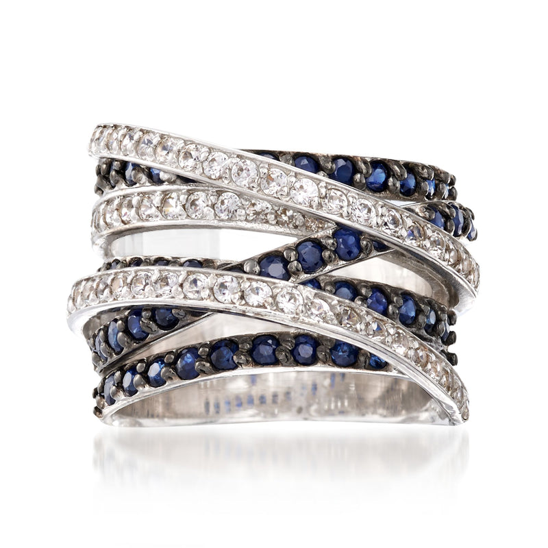 Sterling silver highway ring with dark blue sapphire stones and white pave accents