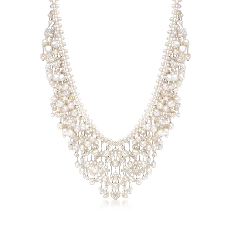 Cultured pearl fringe necklace with sterling silver chain and layered pearl drops