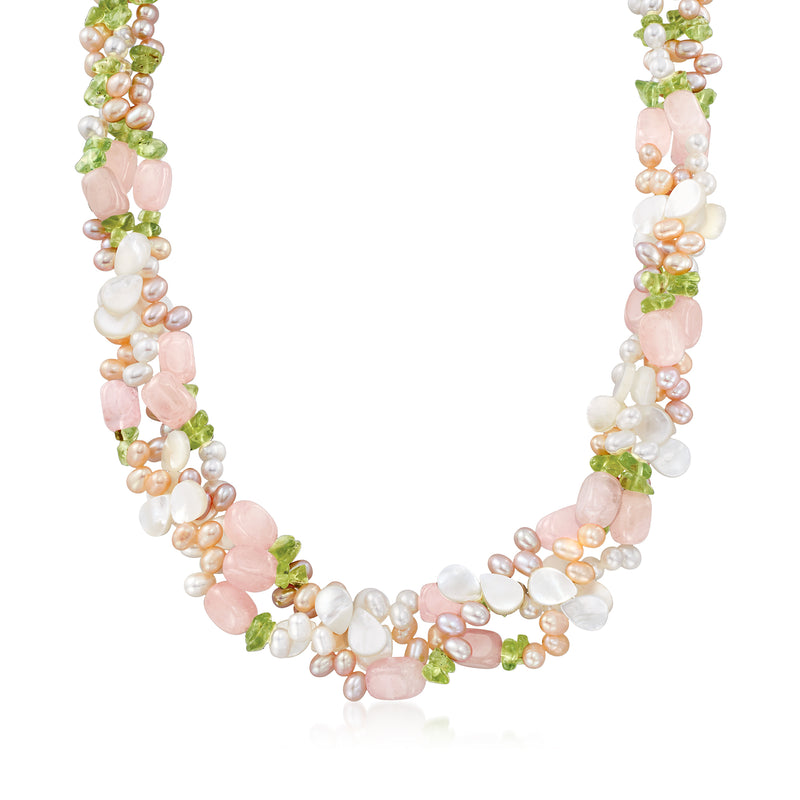 Multicolored pearl bead torsade necklace with sterling silver links and clasp