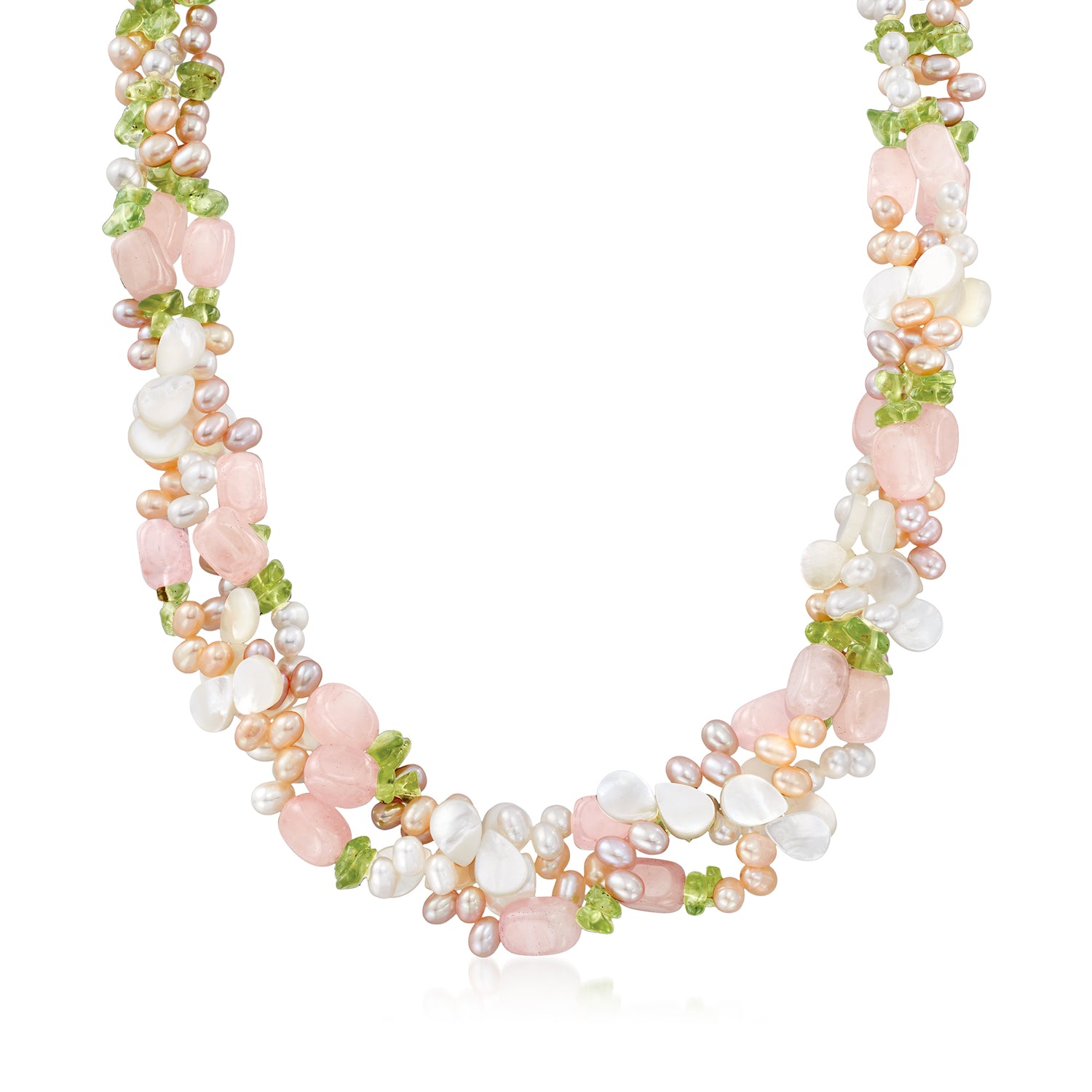 Mother-of-Pearl, 4-6mm Multicolored Cultured Pearl and 430.00 ct. t.w. Multi-Gemstone Bead Torsade Necklace with Sterling Silver