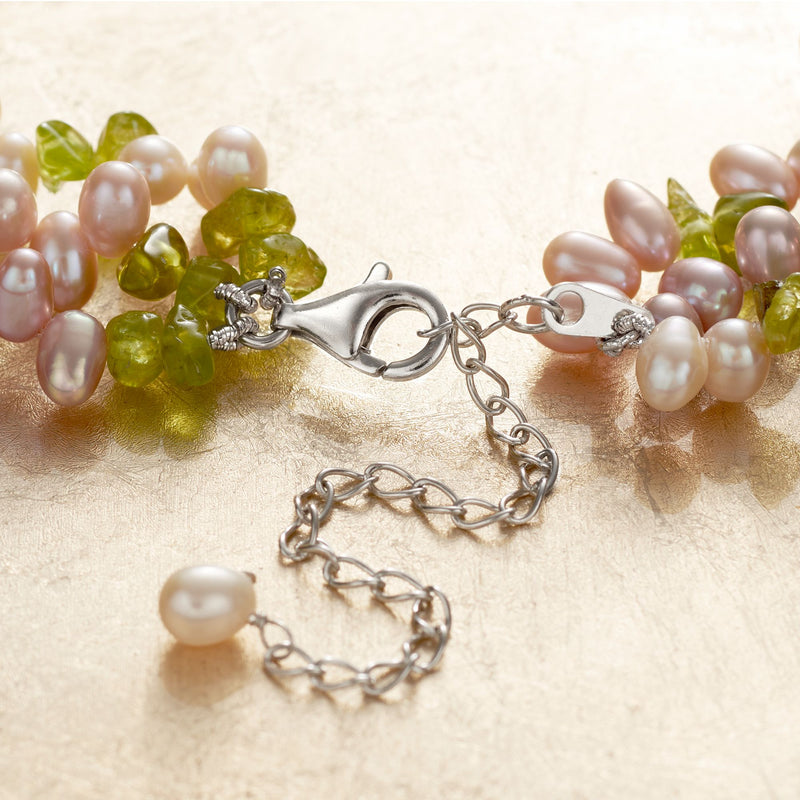 Sterling silver necklace clasp with cultured pearls and green gemstone beads