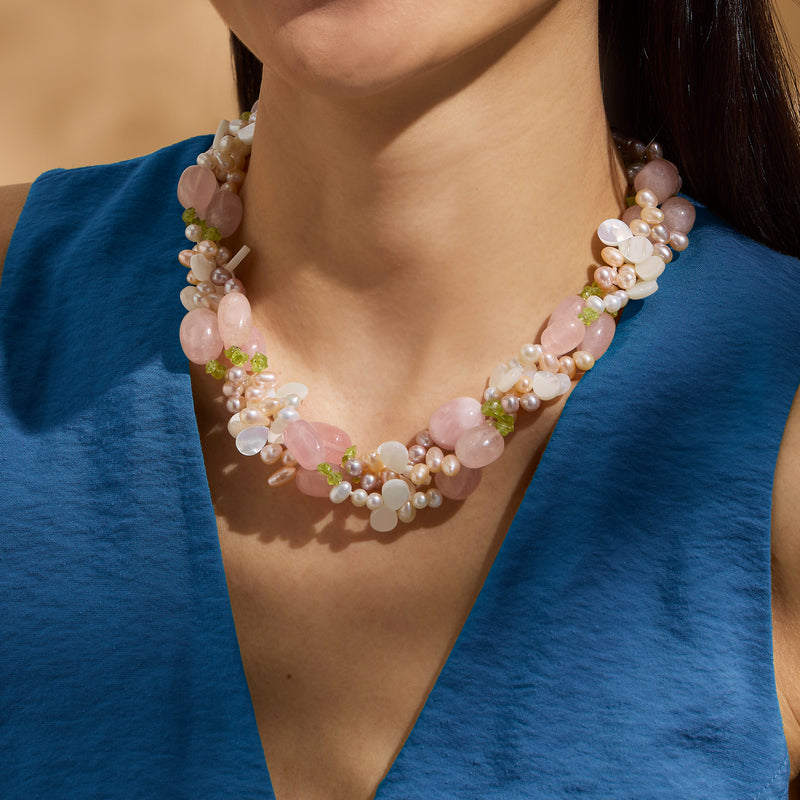 Multistrand cultured pearl necklace in pink, white, and green