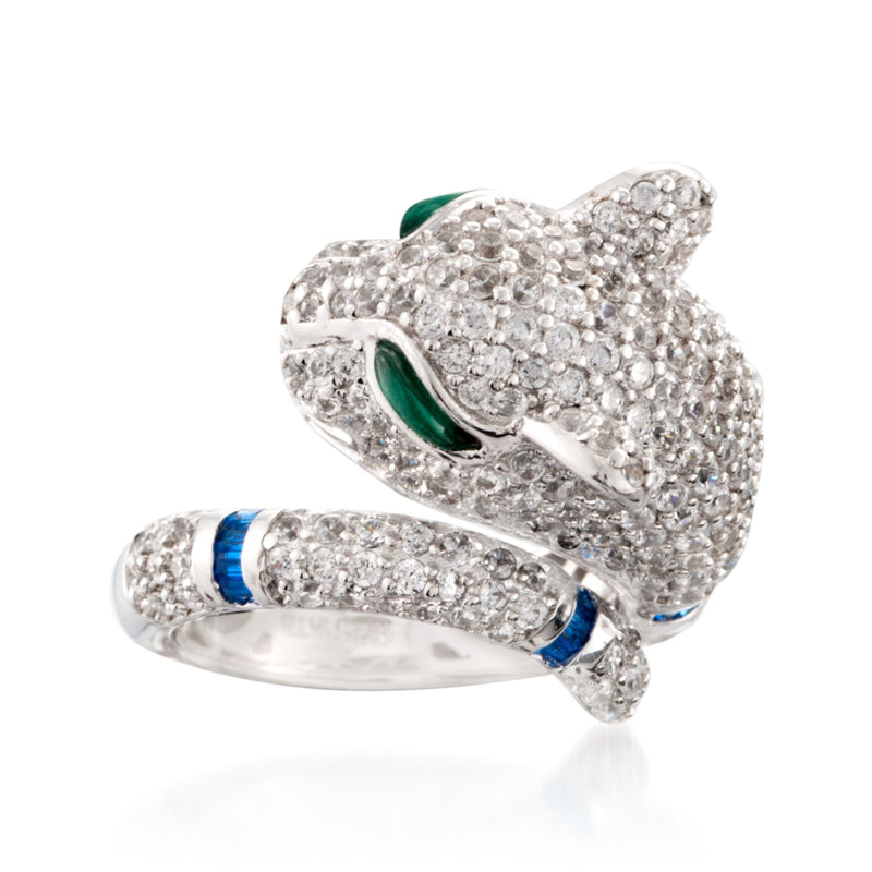 Sterling silver panther ring with CZ, green and blue simulated stones