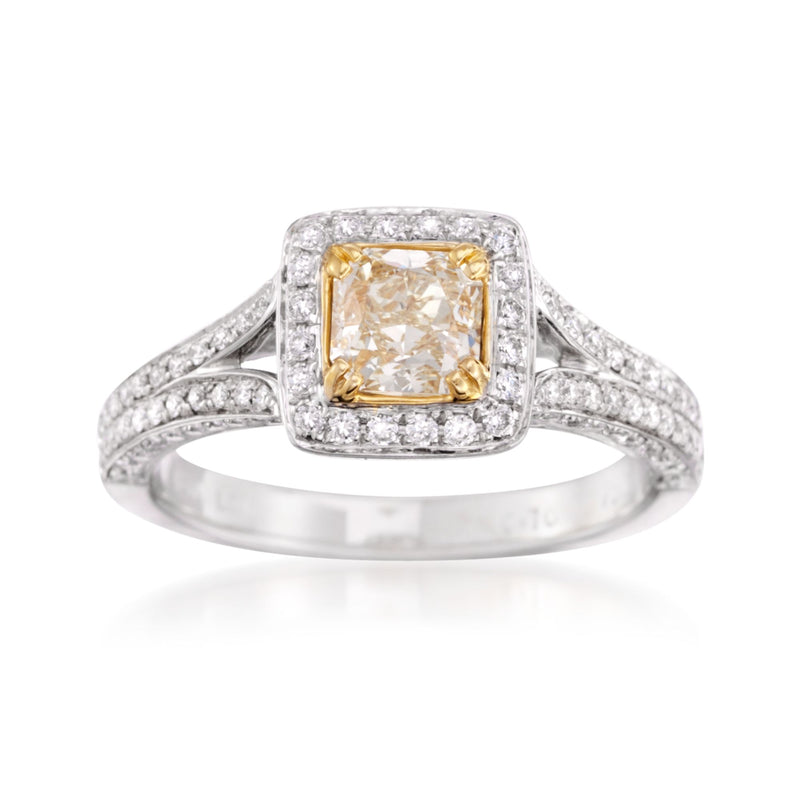 Two-tone gold engagement ring with square fancy yellow center and white diamond accents