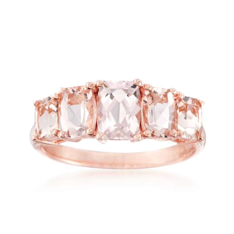 Five-stone morganite ring with rose-gold band and four pink gemstone accents