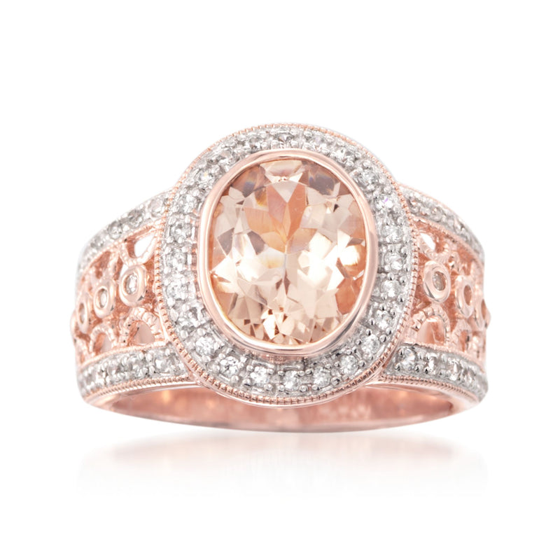 Rose gold halo ring with oval peach morganite center and white zircon pave