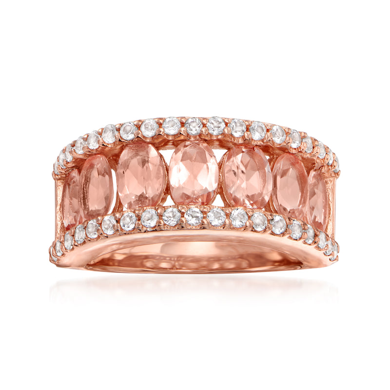 Rose gold morganite ring with oval pink center stones and round clear diamond accents