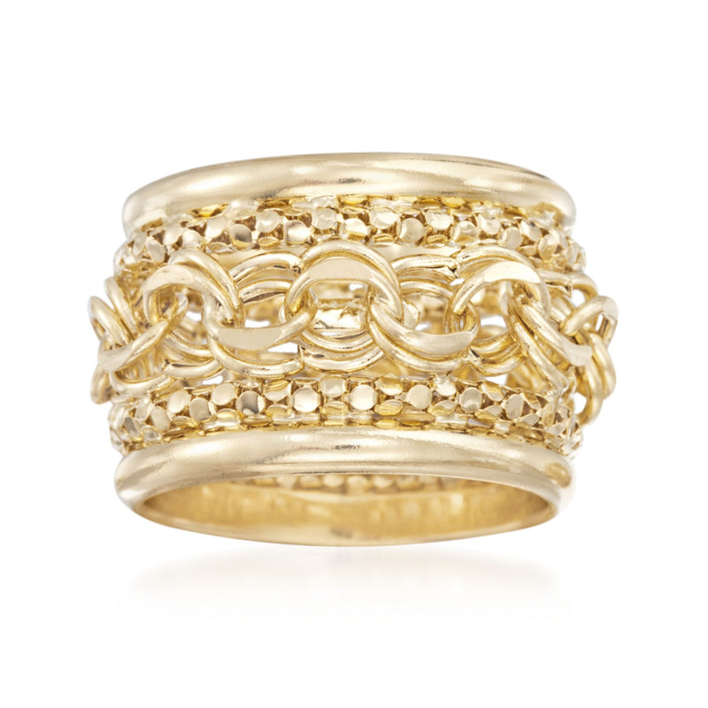 14kt yellow gold chain-link ring with stacked band texture, polished finish