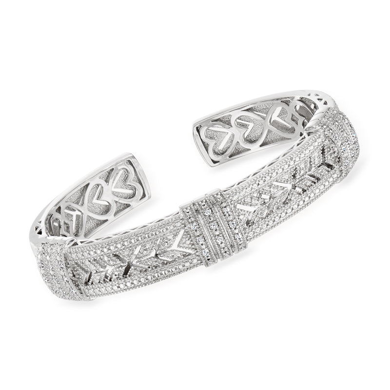 Sterling silver vintage-style diamond cuff bracelet with heart cutout details