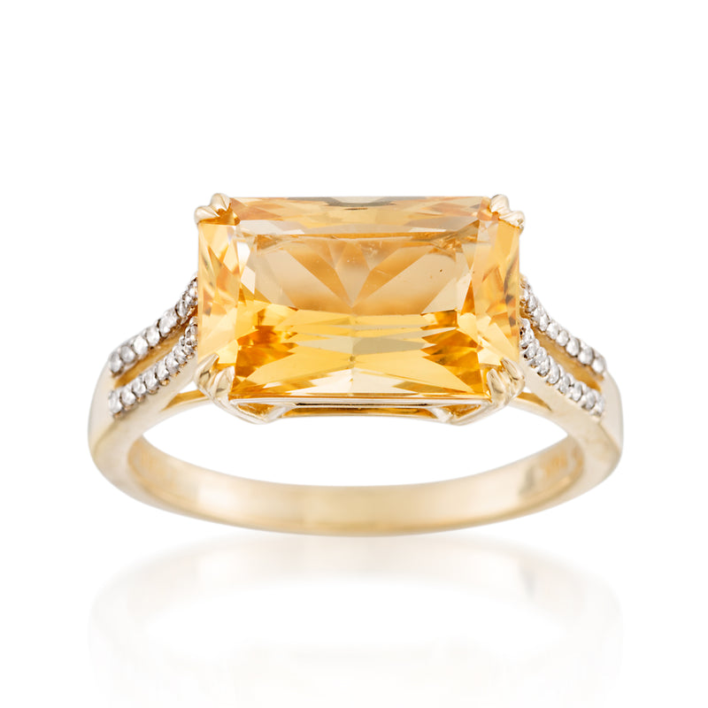 14kt yellow gold ring with rectangular citrine center and small round diamond accents