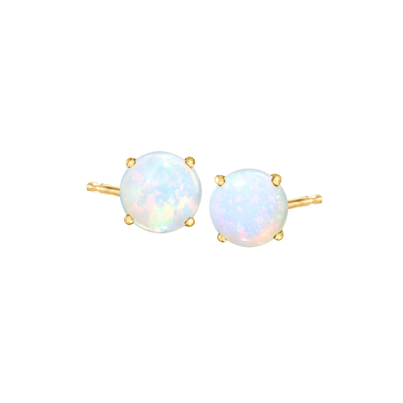14kt yellow gold opal stud earrings, round 7mm with four prongs