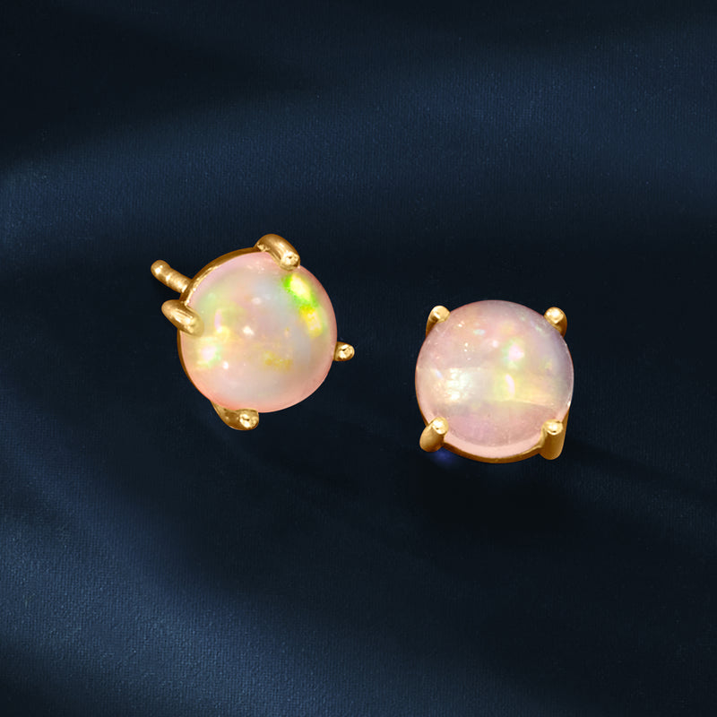 14kt yellow gold opal stud earrings, two views of round 7mm opals