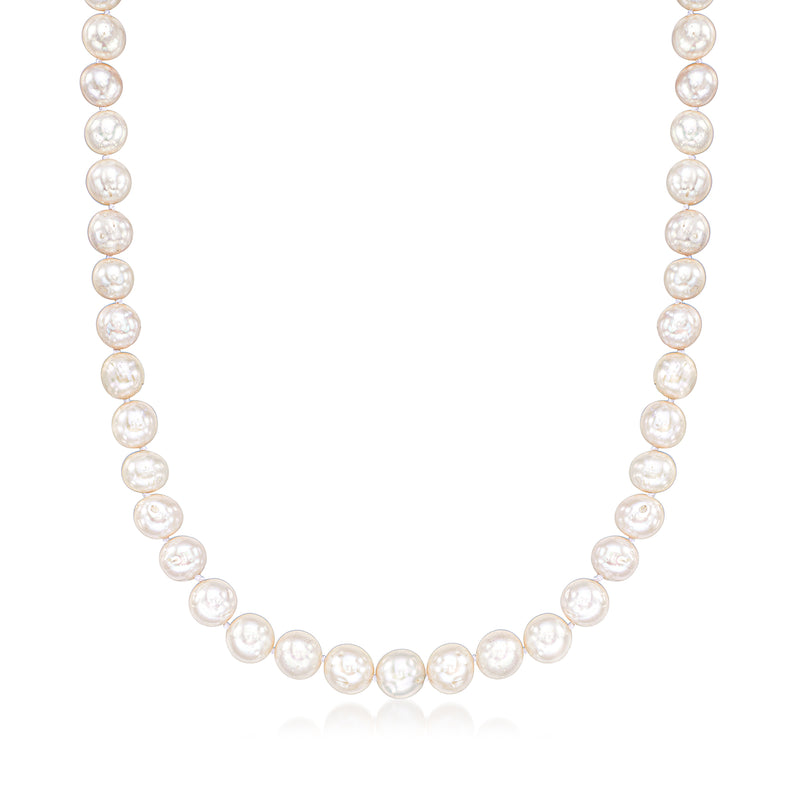 Cultured pearl necklace with round white pearls, evenly spaced on a single strand