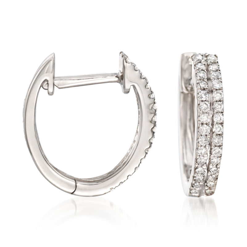 Diamond two-row hoop earrings in 14kt white gold, shown open and front views