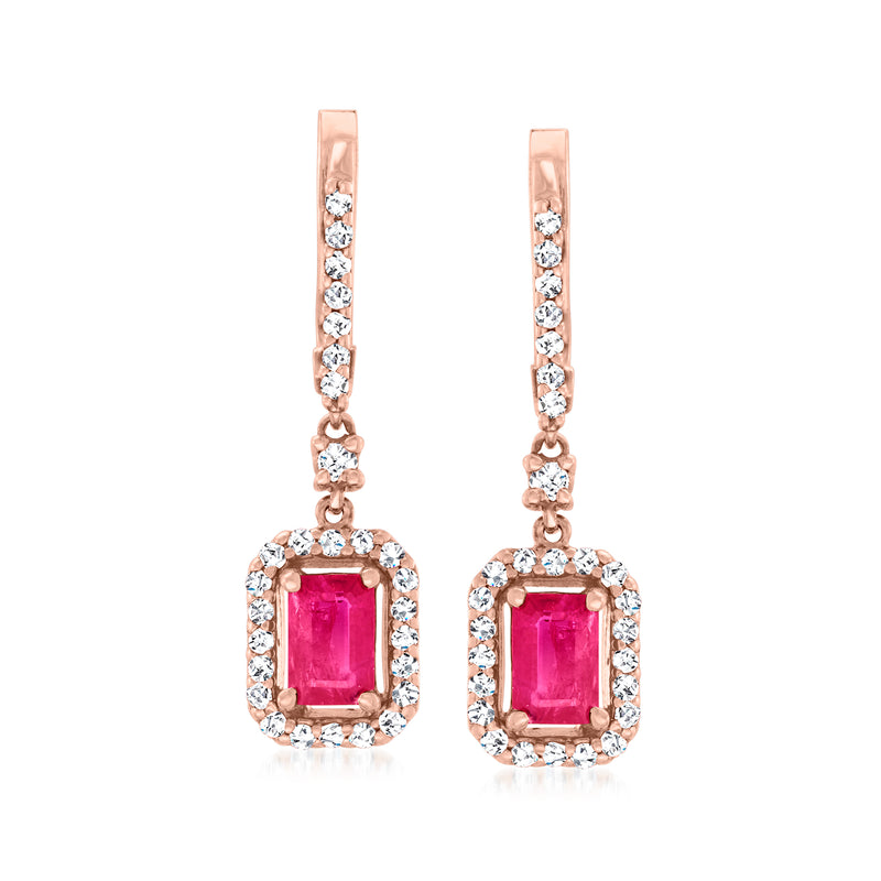14kt rose gold ruby and diamond drop dangle earrings with square ruby halo