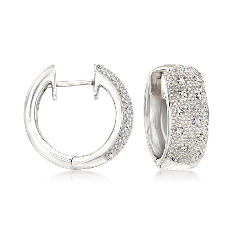 Sterling silver diamond huggie hoop earrings, front and side view