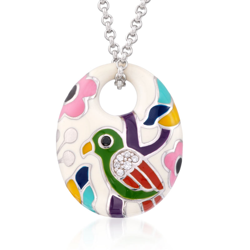 Sterling silver enamel parrot CZ pendant with colorful round design