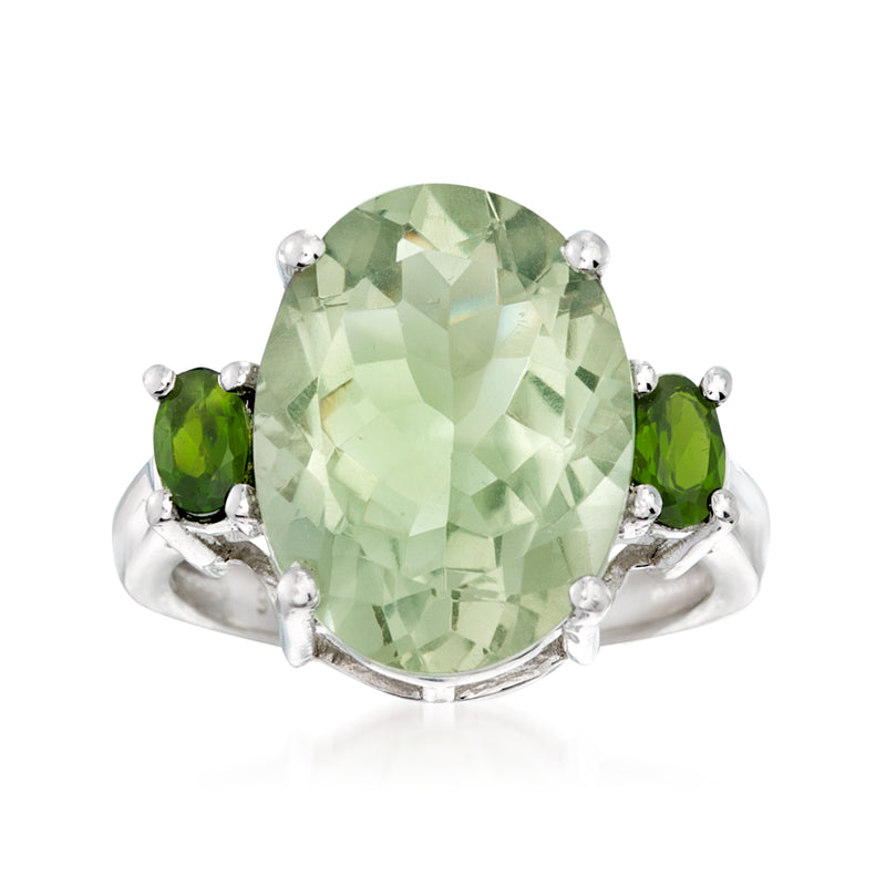 Sterling silver ring with large oval prasiolite center and two green chrome diopside side stones