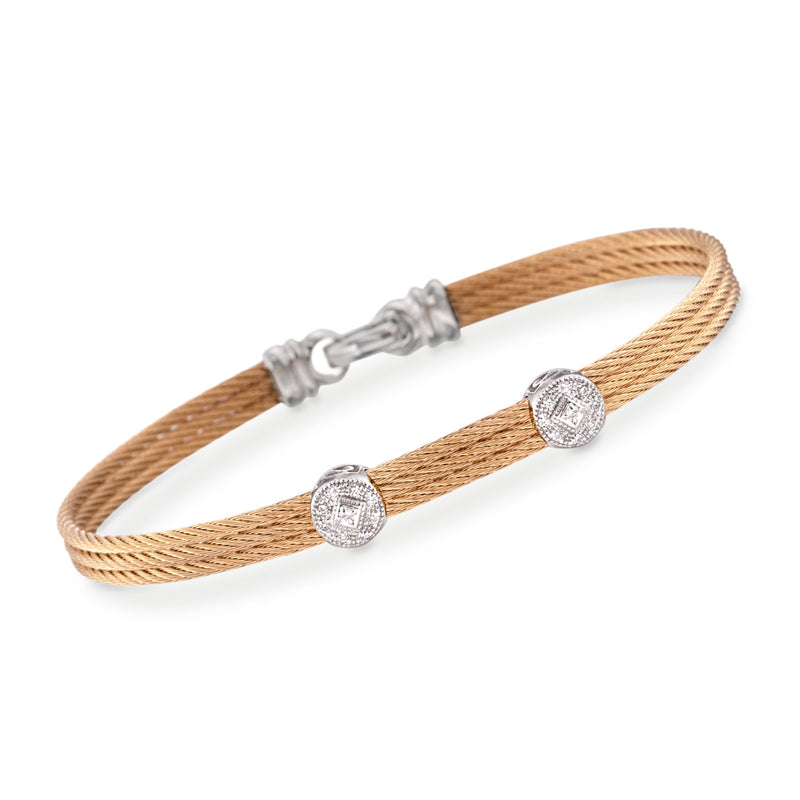 Yellow cable bracelet with two round diamond-look stations in white gold, braided cord