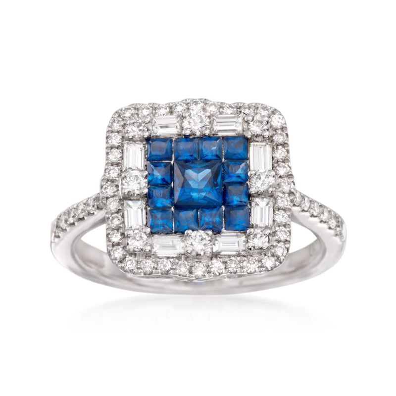 18kt white gold ring with square blue sapphire center and diamond halo