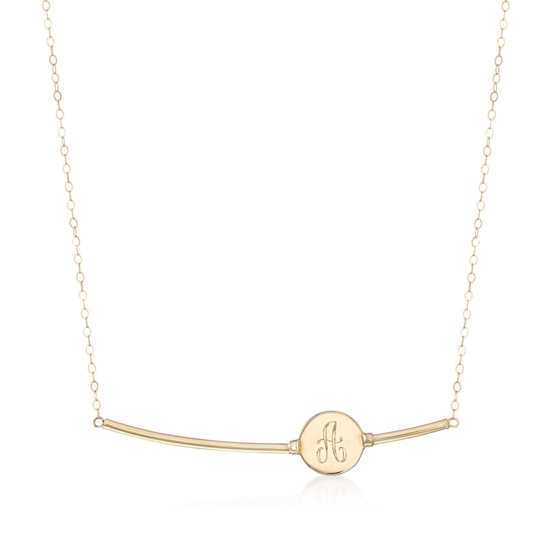 14kt yellow gold single initial bar necklace with engraved monogram disc pendant
