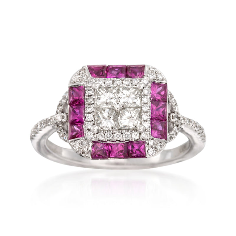 18kt white gold ring with square ruby center and diamond halo, pink and clear stones