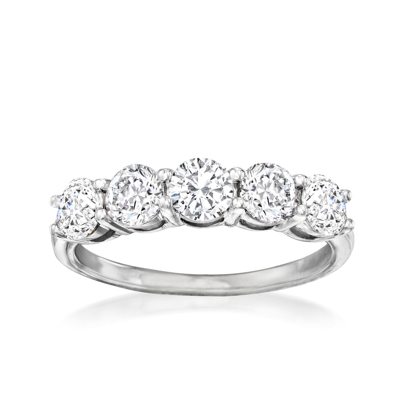 14kt white gold five-stone diamond ring with five round-cut stones, shared prong setting