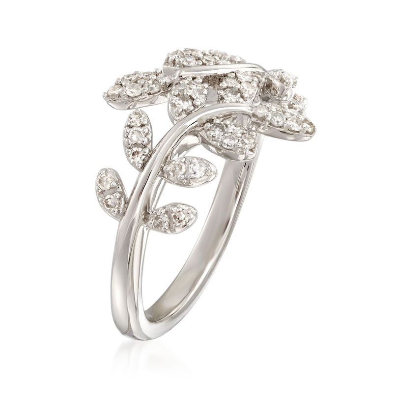 Sterling silver diamond vine ring, openwork curved band with oval and pear clusters