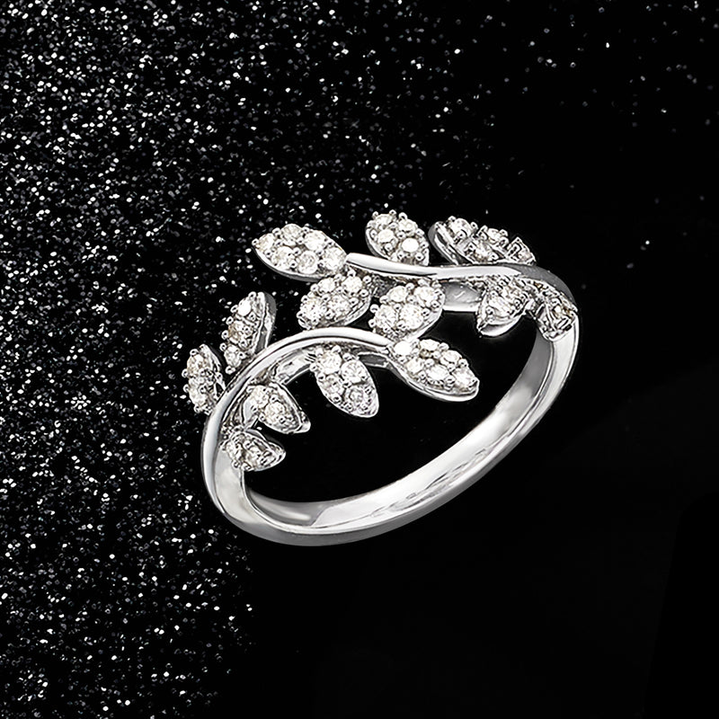 Sterling silver vine ring with marquise and round diamond leaves