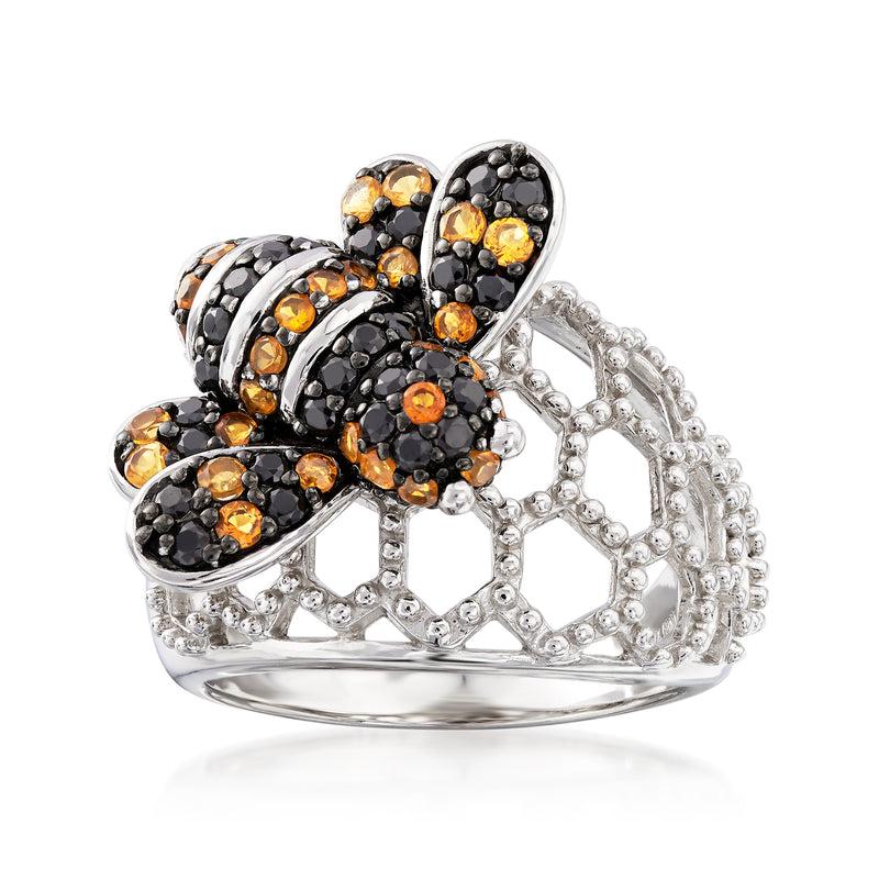 Sterling silver dome ring with black and orange bee-like gemstone clusters