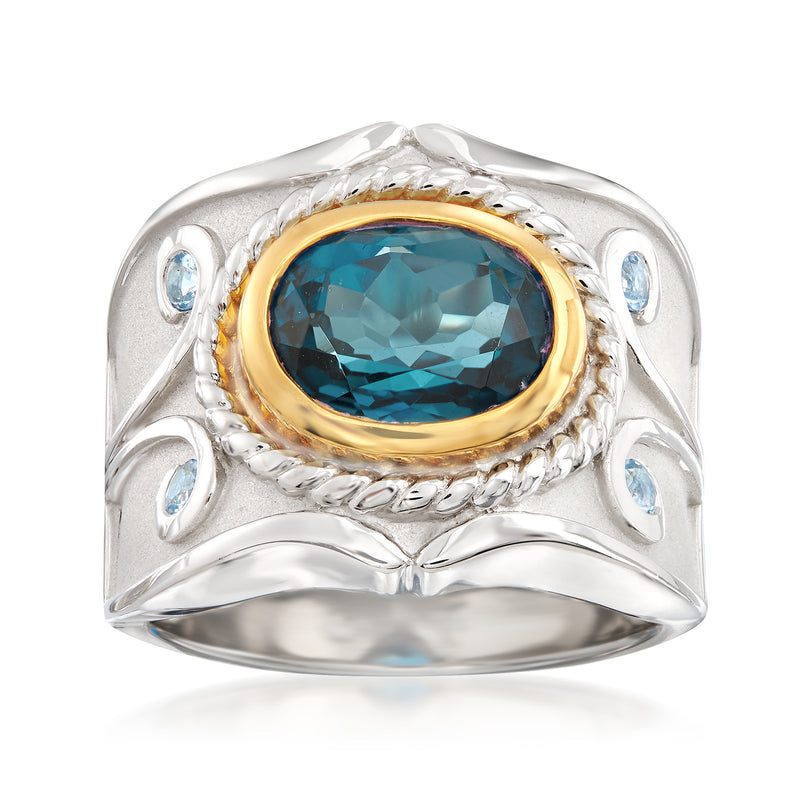 Two-tone sterling silver ring with oval blue London topaz and small side gems