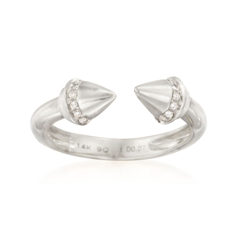 14k white gold ring with two double-pointed diamond-accented tops, open band