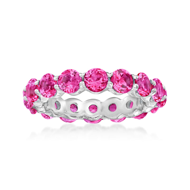 Sterling silver eternity band with pink topaz oval and round gemstone settings