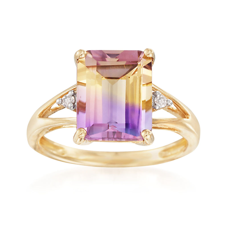 14kt yellow gold ring with emerald-cut ametrine center and diamond side accents