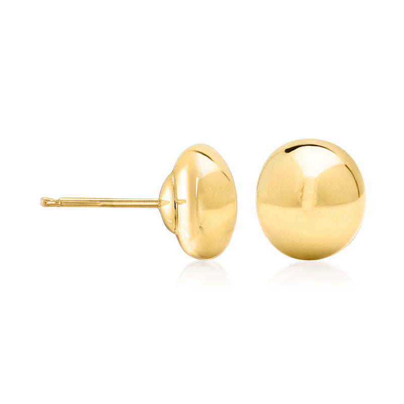 8mm yellow gold flat bead stud post earrings, round disc faces with post