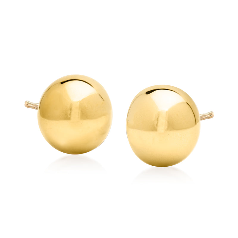 Round yellow gold flat bead stud post earrings, polished disc with straight post