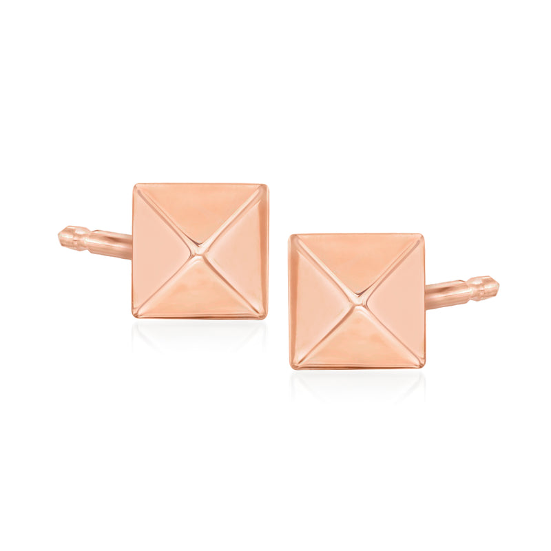 Rose gold pyramid stud earrings with X pattern, square face, post style